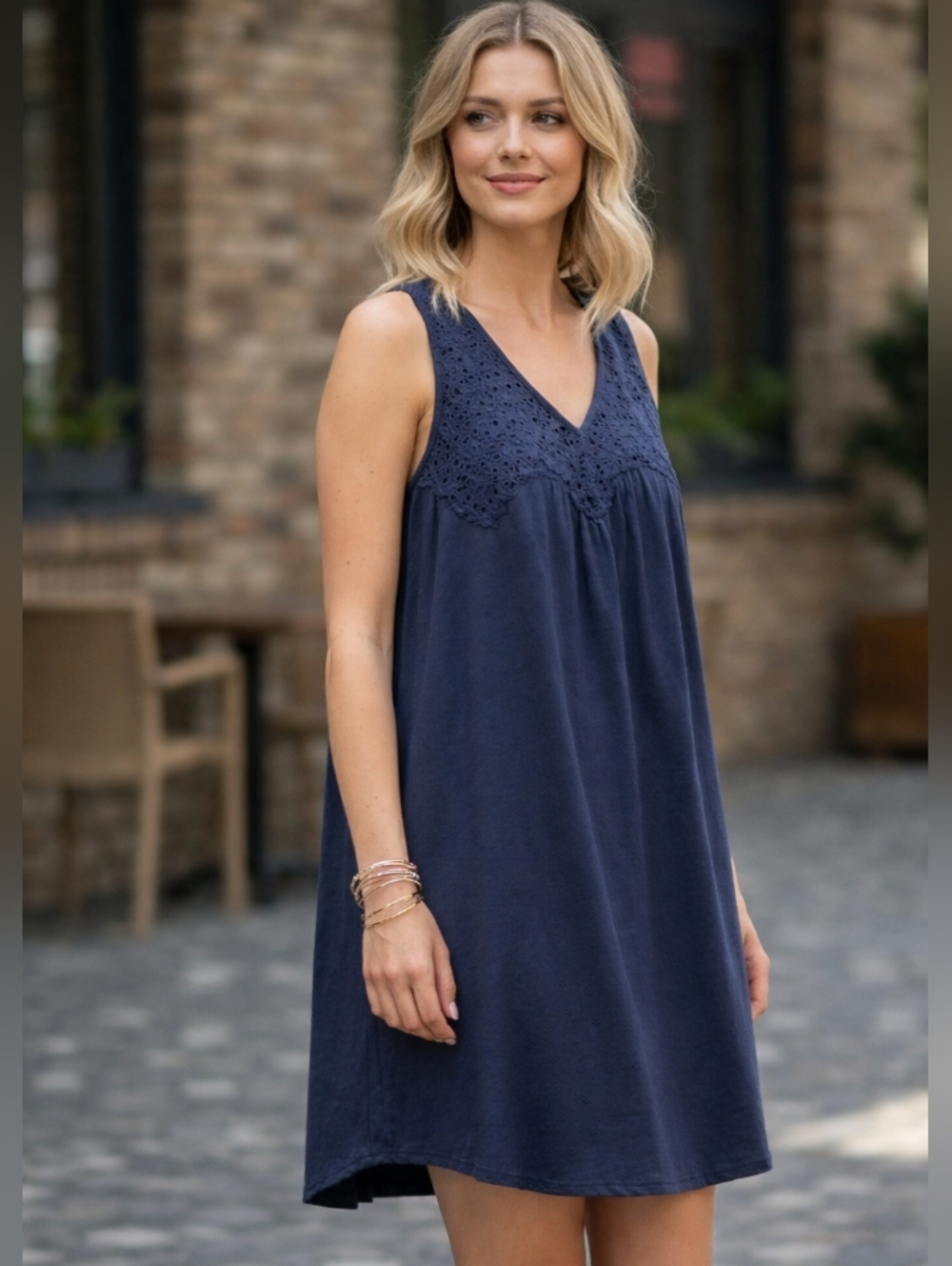 Lucky Brand 100% Cotton Blue Sleeveless Dress Lace Eyelet Detail Size M
